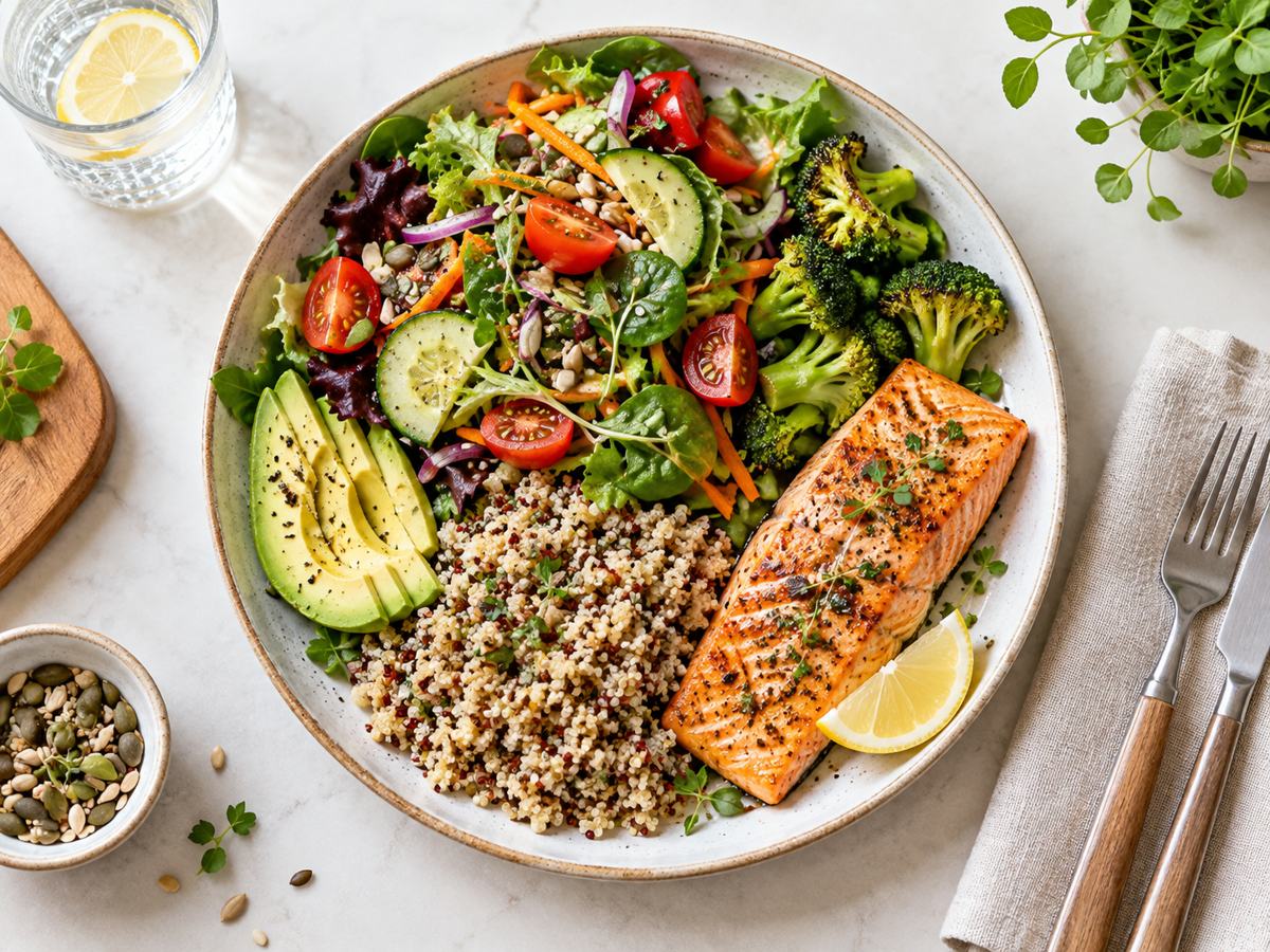 Prato saudável de salmão, quinoa e salada