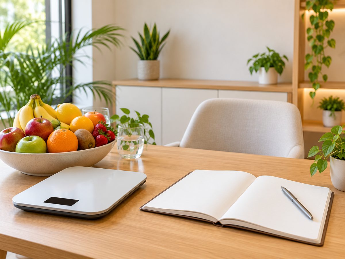 Balança, frutas e caderno de plano alimentar