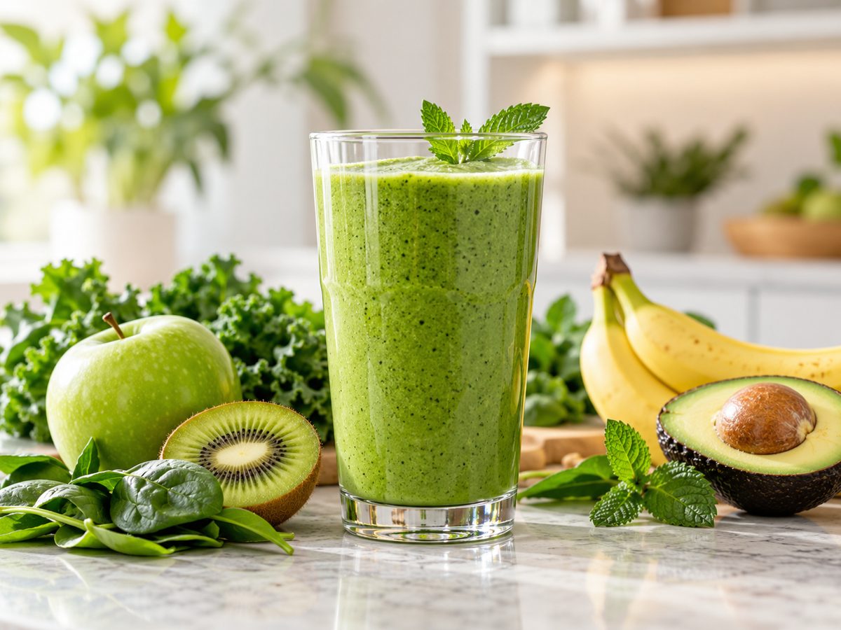 Suco verde com frutas e legumes frescos