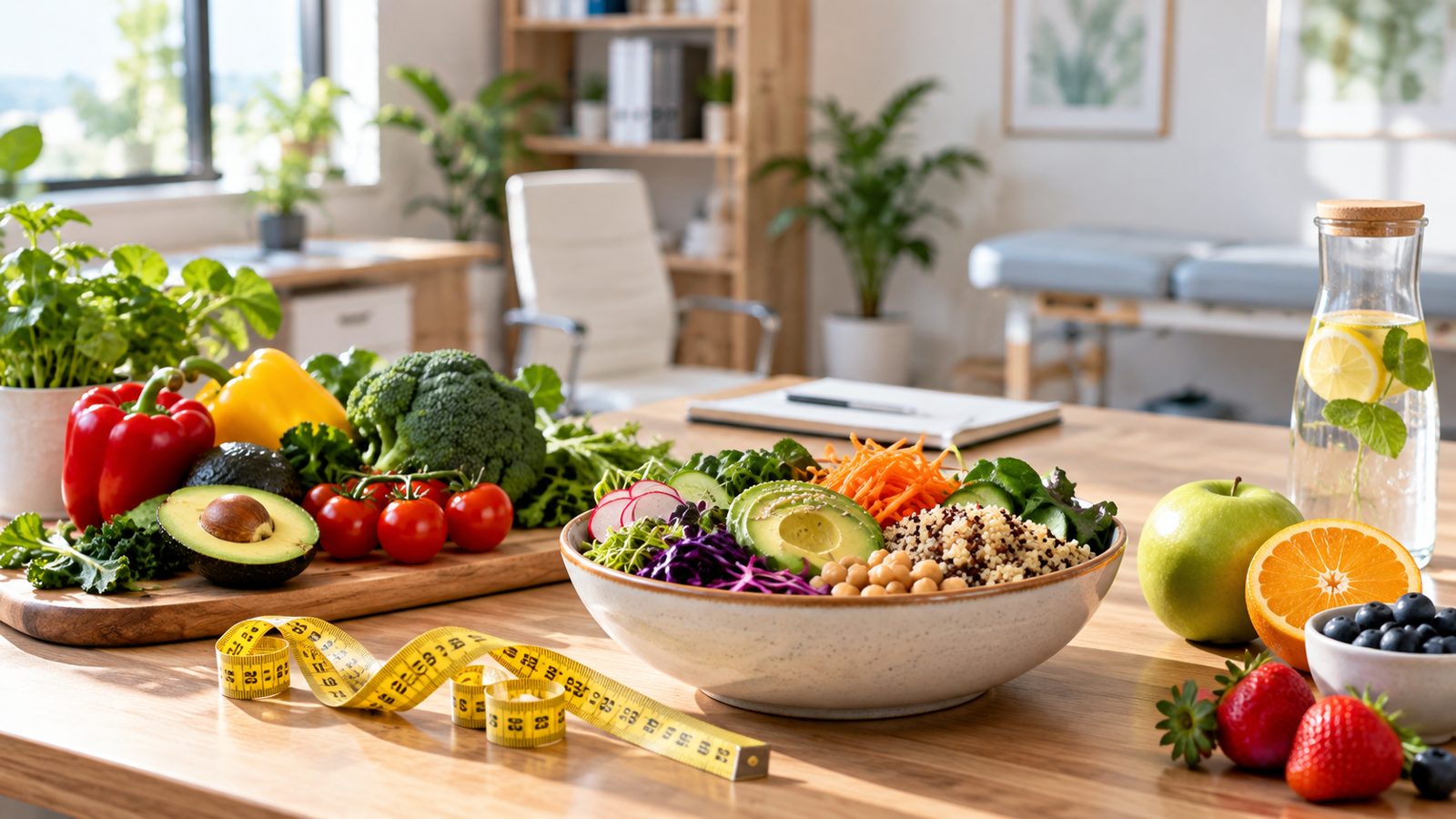 Consultório de nutrição com alimentos frescos e fita métrica